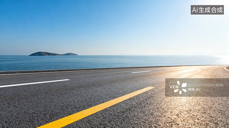 【AI数字艺术】蓝色天空下逆光场景海岸柏油沥青路道路标线公路图片素材