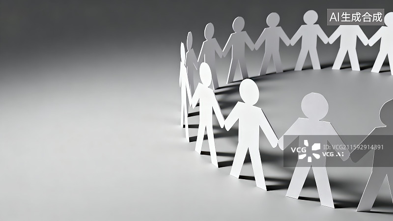 【AI数字艺术】灰色渐变背景下手拉手围成圆弧形的剪纸人形纸片，团结协作团队合作概念图片素材