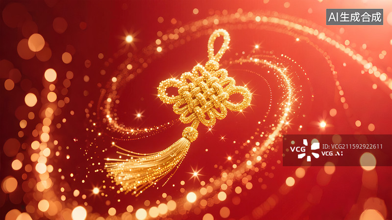 【AI数字艺术】金色发光粒子抽象中国结图案大红色正红色背景 新年跨年春节除夕国庆节热烈喜庆吉祥大气庆祝背景中心构图图片素材