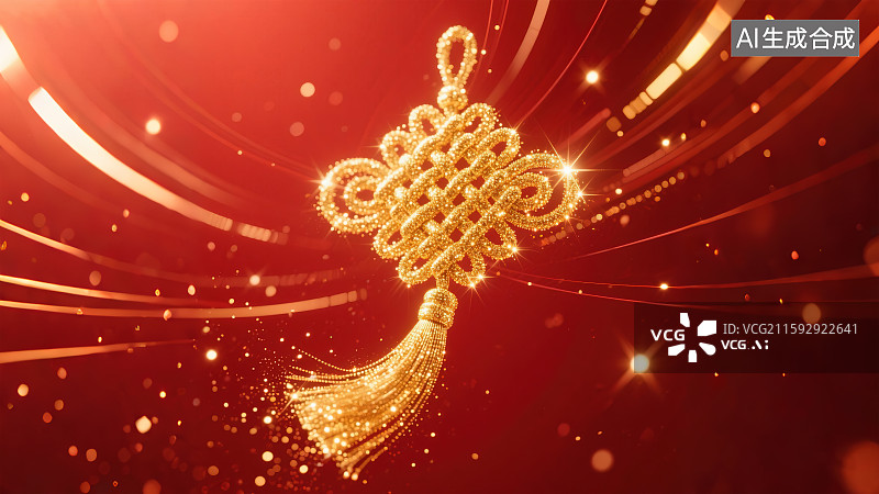 【AI数字艺术】金色发光粒子抽象中国结图案大红色正红色背景 新年跨年春节除夕国庆节热烈喜庆吉祥大气庆祝背景中心构图图片素材