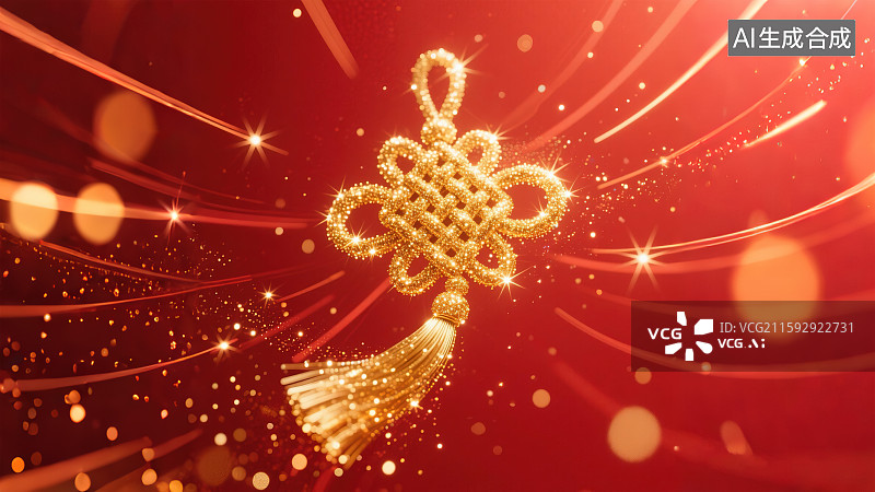 【AI数字艺术】金色发光粒子抽象中国结图案大红色正红色背景 新年跨年春节除夕国庆节热烈喜庆吉祥大气庆祝背景中心构图图片素材