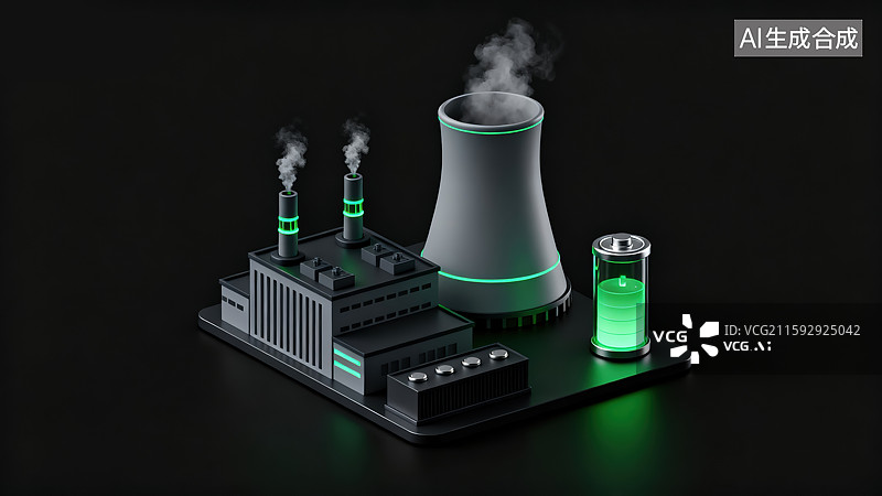 【AI数字艺术】创意火力发电站3D可视化图标配圆柱形电池能量指示器和绿色发光元素新质生产力色背景现代科技商业设计图片素材