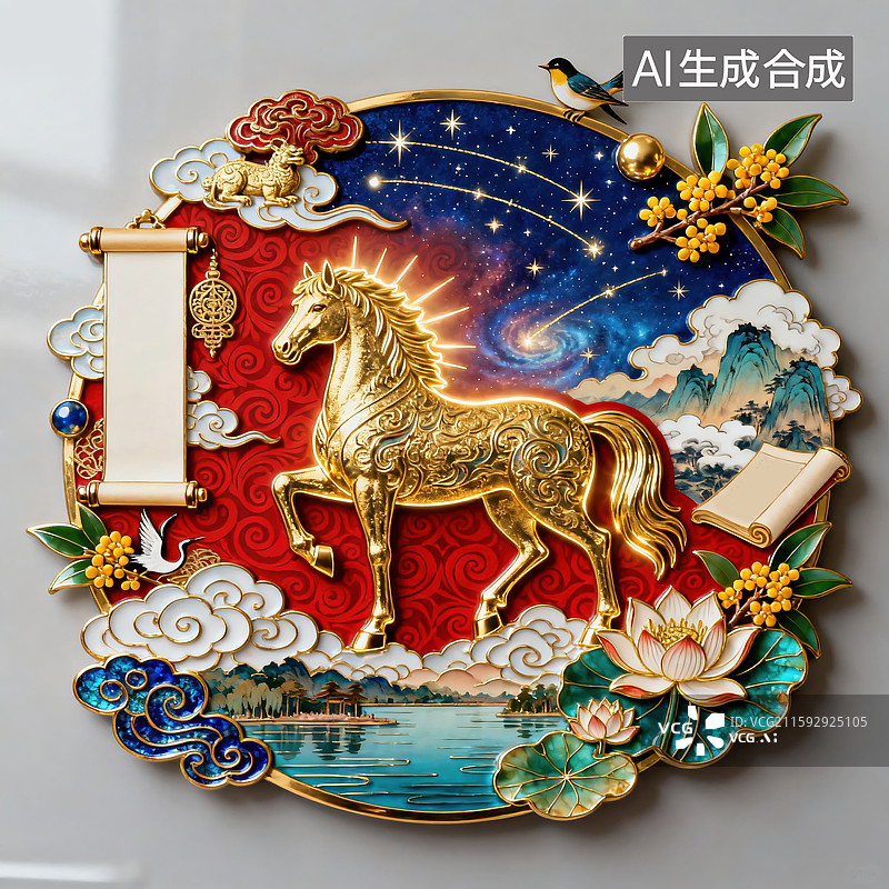 【AI数字艺术】创意中国春日马年设计马踏春风红色华丽背景珐琅金色3D浮雕马造型传统祥云蝴蝶柳絮桂花海浪画卷千里江山图片素材