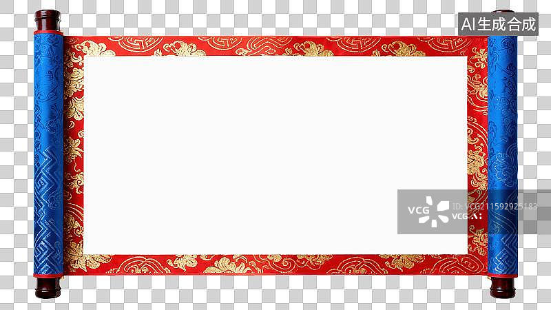 【AI数字艺术】传统3D国风插画中国卷轴配蓝色华丽手柄空白暖白纸张金色图案创意商业设计和节日庆典春节新年图片素材