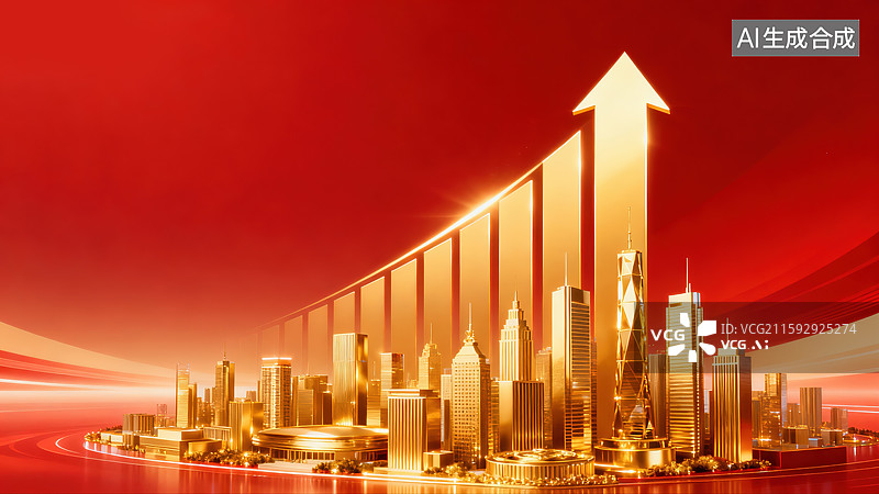 【AI数字艺术】创意抽象商业背景金色未来城市天际线上升箭头元素企业年会庆典仪式经济腾飞红色喜庆色彩目标高科技渐变灯光图片素材