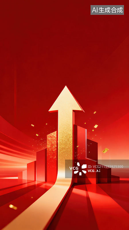 【AI数字艺术】创意抽象商业背景金色未来城市天际线上升箭头元素企业年会庆典仪式经济腾飞红色喜庆色彩目标高科技国庆节图片素材