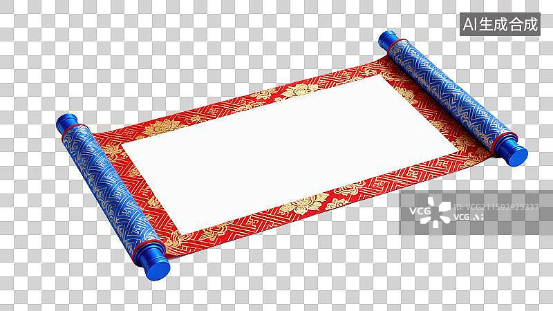 【AI数字艺术】传统3D国风插画中国卷轴配蓝色华丽手柄空白暖白纸张金色图案创意商业设计和节日庆典春节新年图片素材