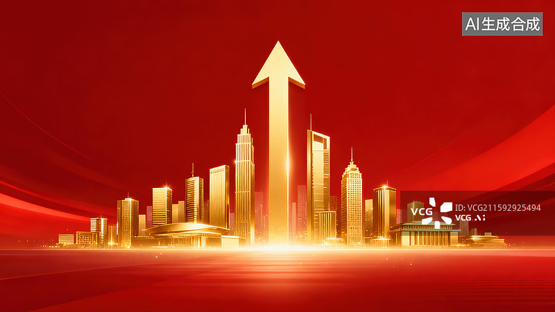 【AI数字艺术】创意抽象商业背景金色未来城市天际线上升箭头元素企业年会庆典仪式经济腾飞红色喜庆色彩目标高科技渐变灯光图片素材