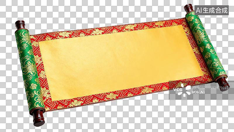 【AI数字艺术】传统中国3D打开的卷轴插画优雅绿色手柄和金色空白画布纹样精致图案纸质纹理挂画春节新年日商业设计图片素材