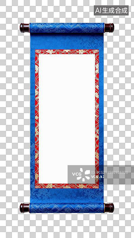 【AI数字艺术】传统3D国风插画中国卷轴配蓝色华丽手柄空白暖白纸张金色图案创意商业设计和节日庆典春节新年图片素材