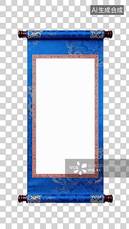 【AI数字艺术】传统3D国风插画中国卷轴配蓝色华丽手柄空白暖白纸张金色图案创意商业设计和节日庆典春节新年图片素材