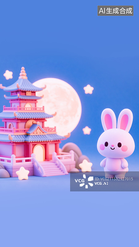 【AI数字艺术】中秋节吉祥物IP设计玉兔中国古代神话天庭宫殿广寒宫场景3D萌系可爱卡通插图超级大圆月明月微缩模型场景图片素材