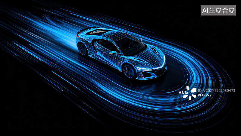 【AI数字艺术】蓝色未来科技汽车快速行驶速度可视化流线型车身风阻概念背景图片素材