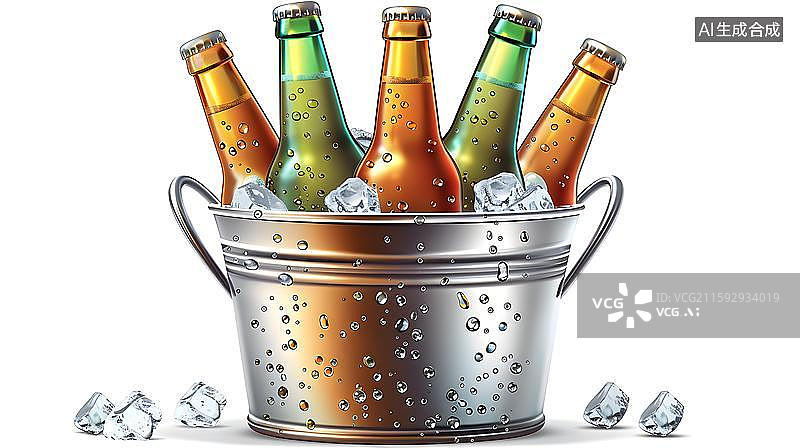【AI数字艺术】冰桶中的啤酒瓶  冰爽啤酒夏日畅饮 冰镇啤酒清凉一夏图片素材