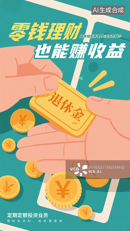 【AI数字艺术】养老投资，零钱理财赚收益插画海报模版， 储蓄理财概念 双手和黄金，线下理财养老金 竖版图片素材