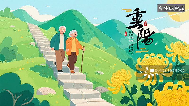 【AI数字艺术】重阳节关爱老人插画海报模版 两个老人登高爬山 登高望远秋游赏菊花 户外绿色高山背景 横版图片素材