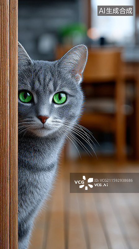 【AI数字艺术】灰色猫咪躲在木门后图片素材