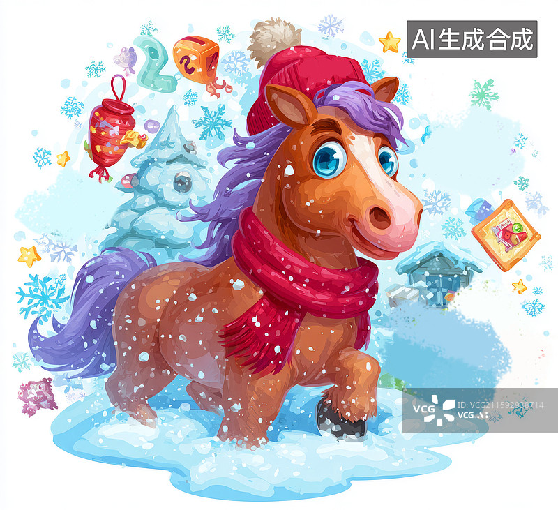 【AI数字艺术】卡通马的冬季仙境图片素材