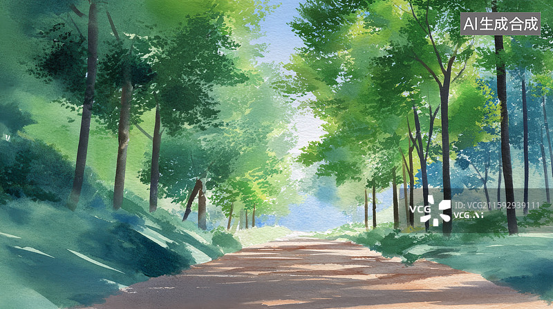 【AI数字艺术】水彩森林小路图片素材