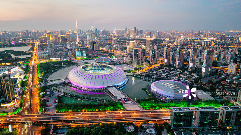 天津市奥林匹克中心夜景灯光航拍图片素材
