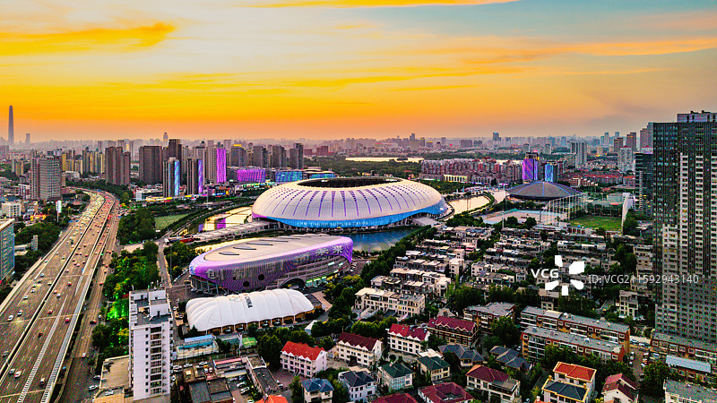 天津市奥林匹克中心夜景灯光航拍图片素材