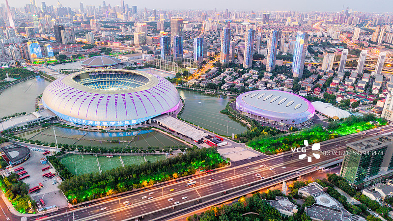 天津市奥林匹克中心夜景灯光航拍图片素材
