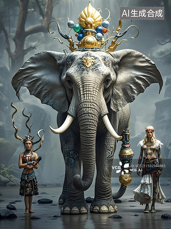 【AI数字艺术】神圣巨象与守护者图片素材