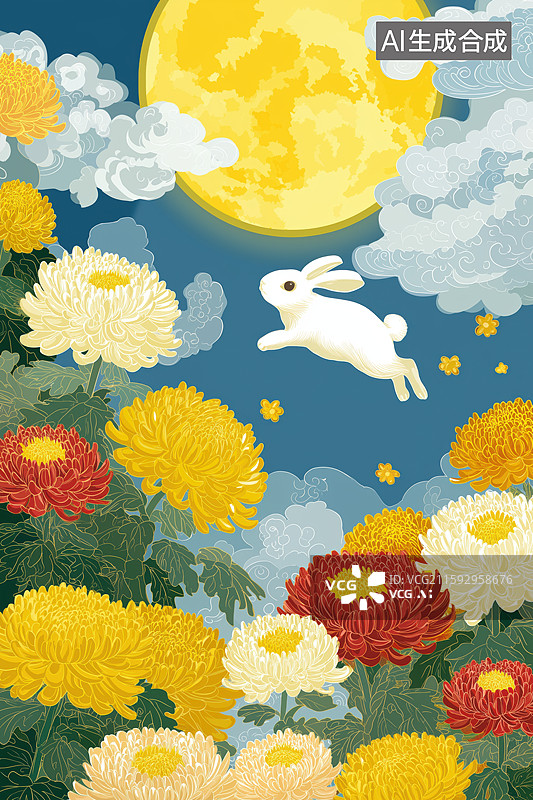 【AI数字艺术】月下兔跃花丛图图片素材