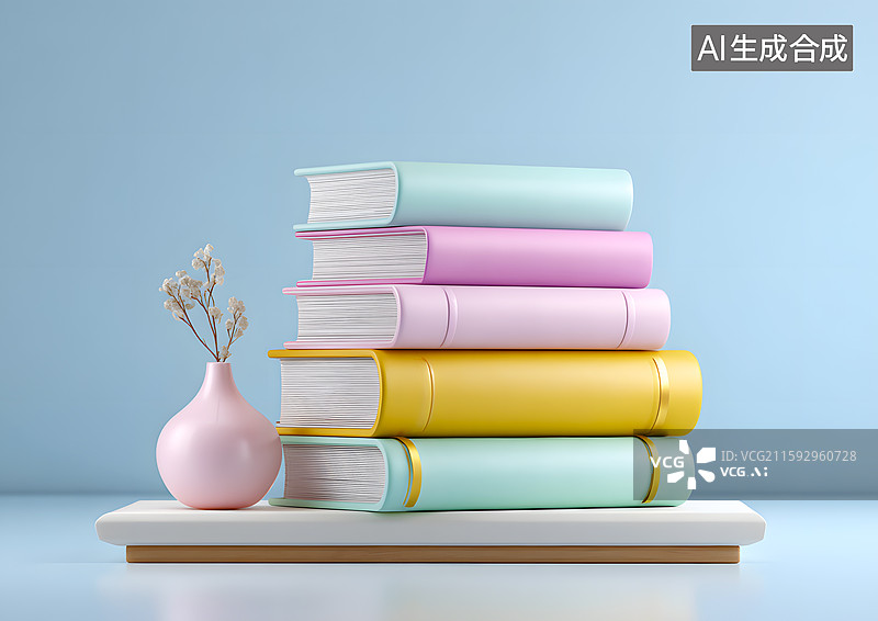 【AI数字艺术】书桌上一堆彩色卡通书本图片素材