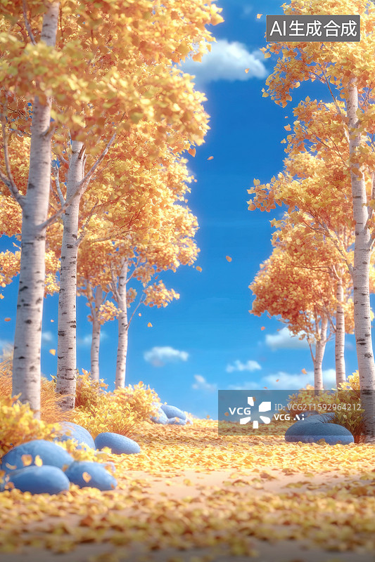 【AI数字艺术】秋日白桦林中的静谧小径图片素材