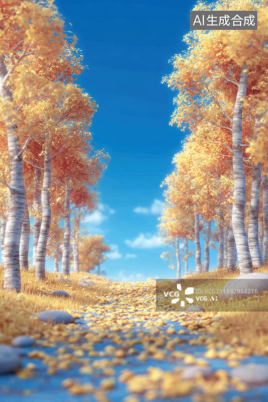 【AI数字艺术】秋日白桦林中的静谧小径图片素材