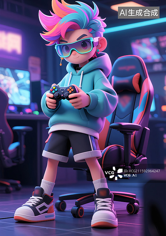 【AI数字艺术】网吧打游戏的卡通3D男孩图片素材