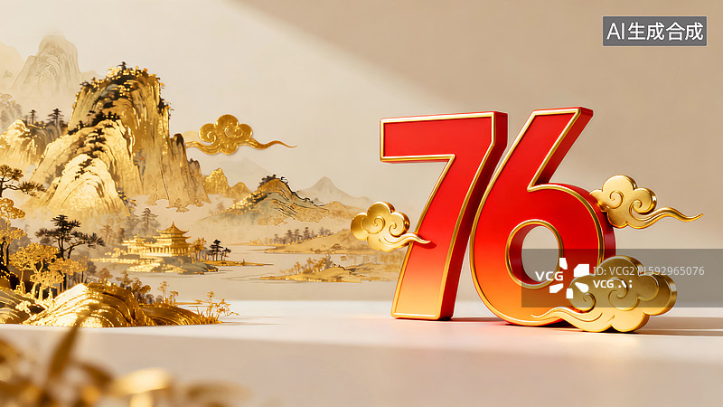 【AI数字艺术】金色祥云围绕的十一国庆节数字76在金色千里江山图背景上，新中国成立76周年海报图片素材