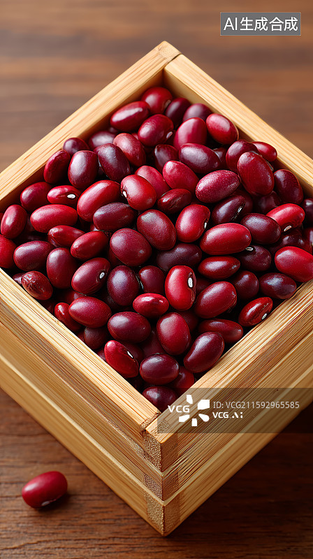 【AI数字艺术】木质盒中的红豆散落红色背景图片素材