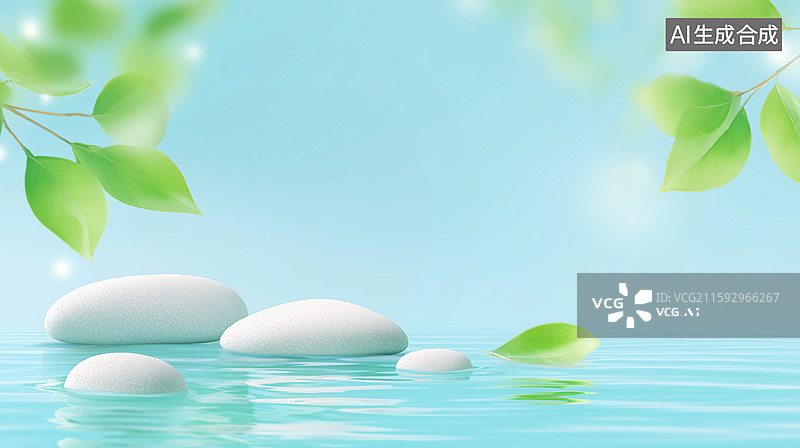 【AI数字艺术】水面上的白石子与飘落绿叶图片素材