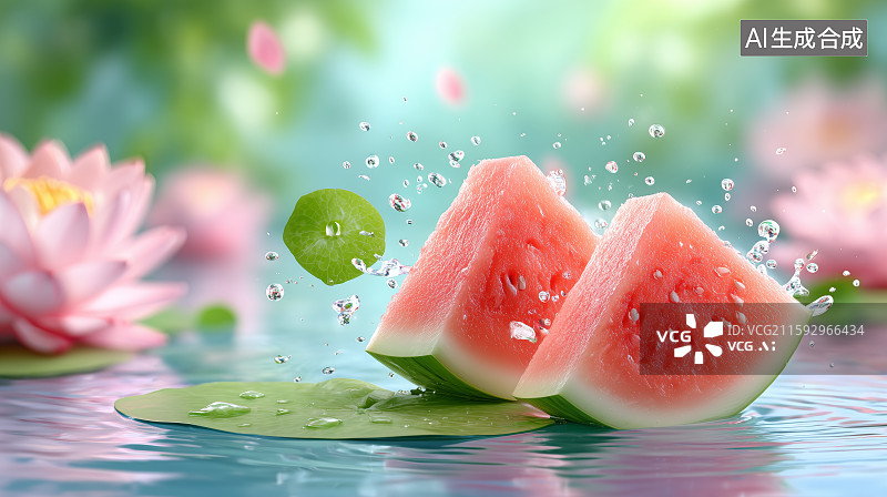 【AI数字艺术】切开的西瓜与莲花静物图片素材