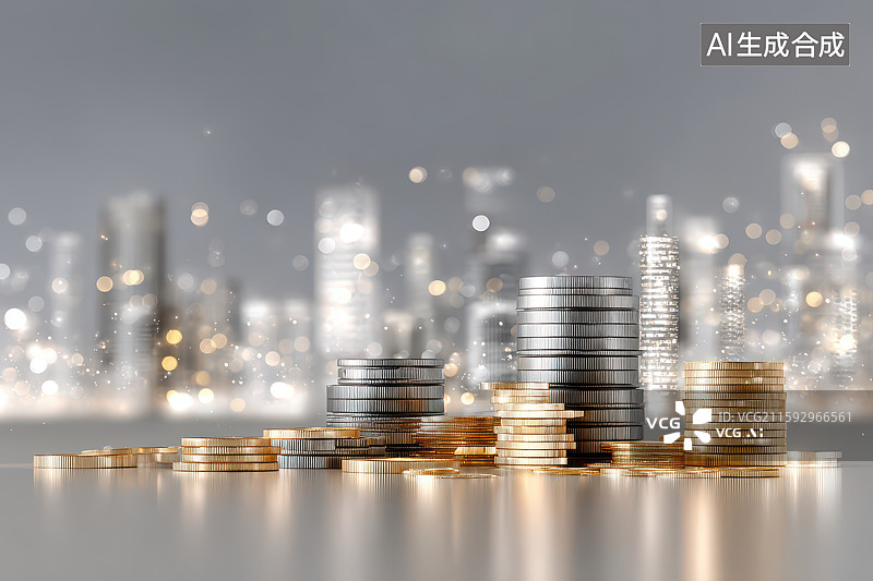 【AI数字艺术】城市背景下金银硬币堆积景观图片素材