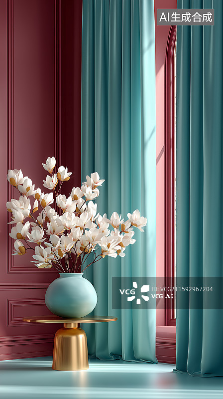 【AI数字艺术】蓝幕背景下的优雅花卉装饰图片素材