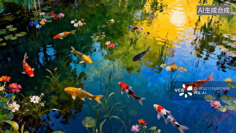 【AI数字艺术】莫奈风格自然水塘水池自然风景图片素材