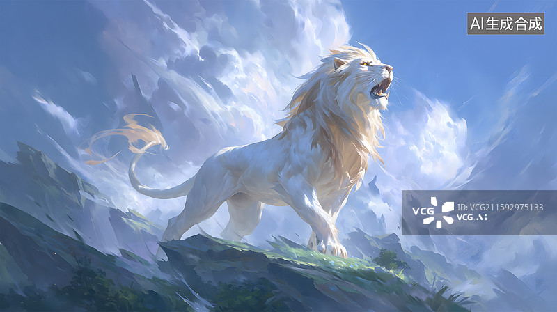 【AI数字艺术】雪山之巅雄狮仰天长啸图片素材