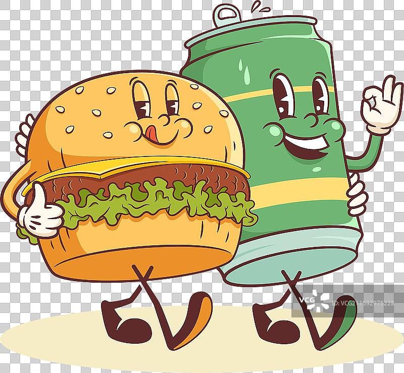 复古风格的汉堡和啤酒角色图片素材