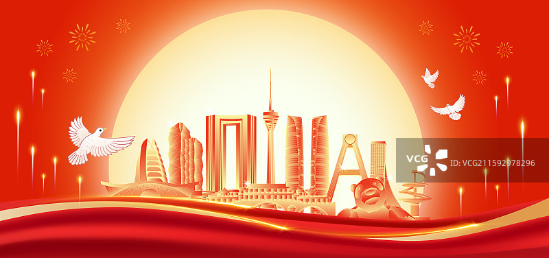 四川成都建筑天际线红色国潮风中秋节国庆节海报图片素材