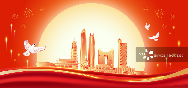 广东东莞建筑天际线红色国潮风中秋节国庆节海报图片素材