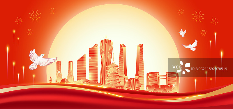 浙江杭州建筑天际线红色国潮风中秋节国庆节海报图片素材