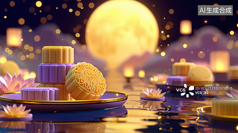 【AI数字艺术】中秋赏月国风水面漂浮盘中的月饼3D立体插画图片素材