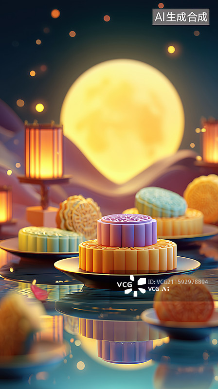 【AI数字艺术】中秋赏月国风水面漂浮盘中的月饼3D立体插画图片素材