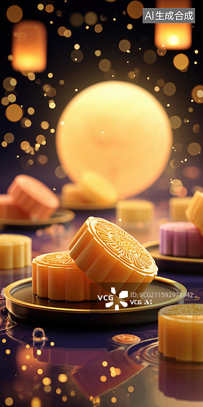 【AI数字艺术】中秋赏月国风水面漂浮盘中的月饼3D立体插画图片素材