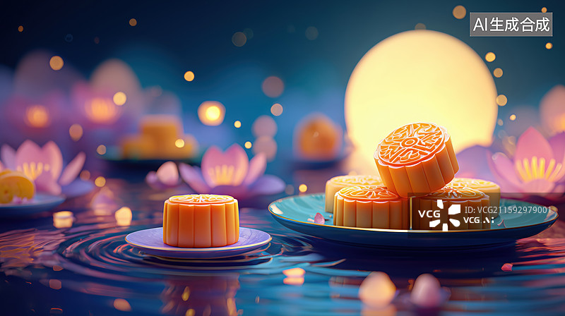 【AI数字艺术】中秋赏月国风水面漂浮盘中的月饼3D立体插画图片素材