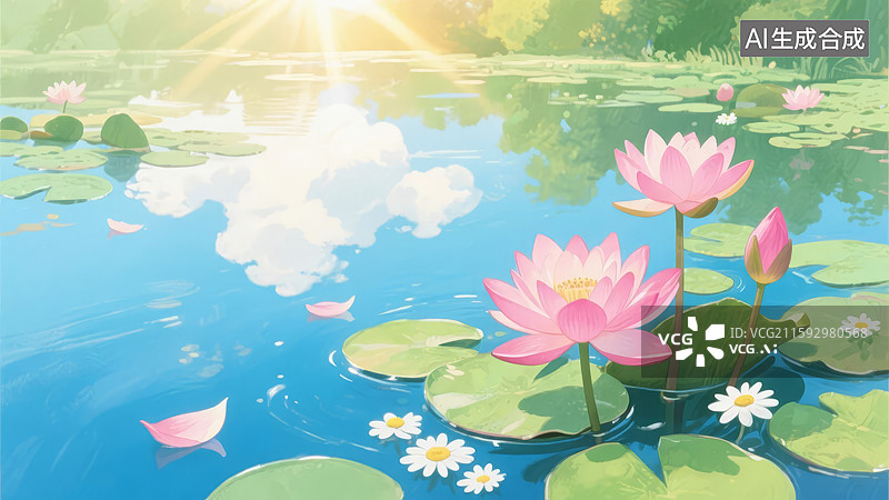 【AI数字艺术】池塘荷花盛开的夏日景象图片素材