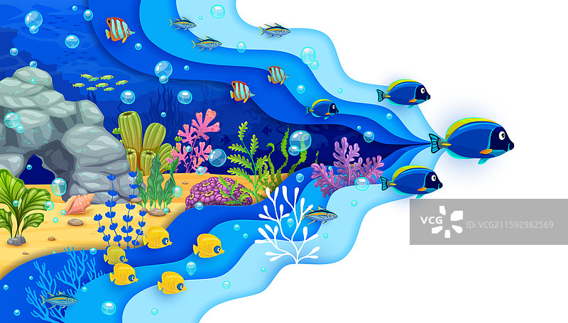 纸雕水下风景与热带鱼图片素材